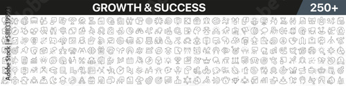 Growth and success linear icons collection. Big set of more 250 thin line icons in black. Growth and success black icons. Vector illustration
