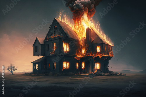 House on fire. Home conflagration or arson burning disaster with flames. Danger and destruction due to property blaze. Ai generated