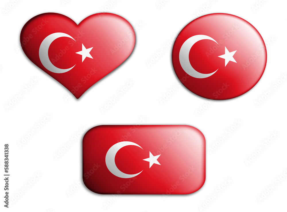colorful national art flag of turkey figures bottoms on a white background . concept collage. 3d illustration