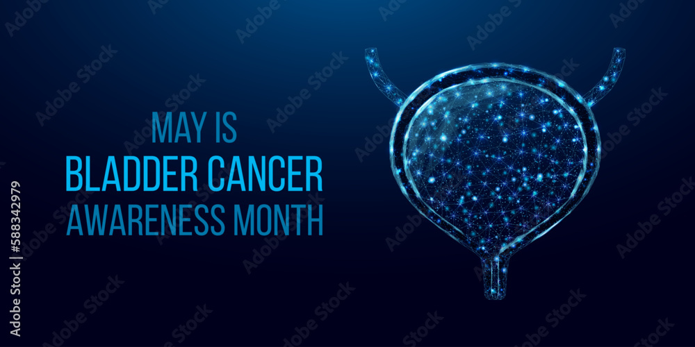 Bladder cancer awareness month. Concept for bladder cancer, cystitis, human excretory system. Wireframe low poly style. Abstract vector illustration on dark blue background - obrazy, fototapety, plakaty 