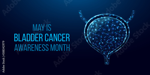 Bladder cancer awareness month. Concept for bladder cancer, cystitis, human excretory system. Wireframe low poly style. Abstract vector illustration on dark blue background photo