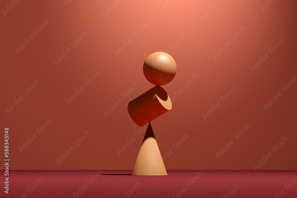 Wooden sphere and a cylinder balancing on a cone. Wooden sphere and a cylinder balancing on a cone.