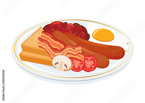 Traditional English full breakfast vector illustration. Sausage, bacon, fried egg, mushroom, baked beans, toast bread and tomatoes icon vector isolated on a white background
