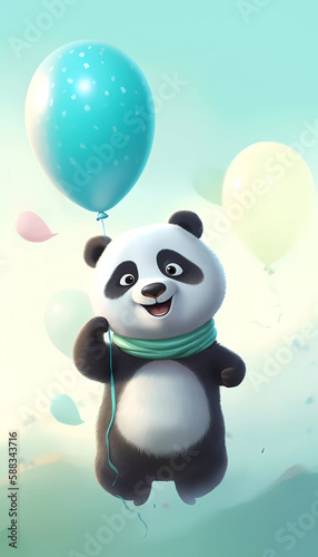 Cute Baby panda with Balloons , Soft cartoon ( Generative AI ) 