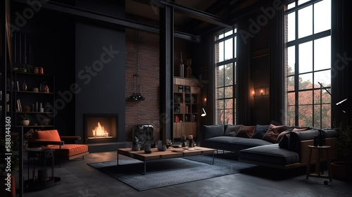 Frame mockup in modern loft interior with burning fireplace. Generative Ai