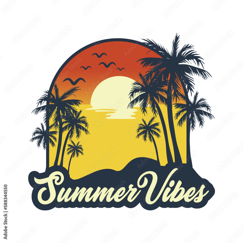 Summer Vibes. Orange sunset beach illustration