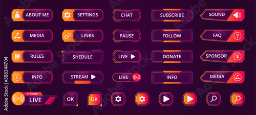 Gamers stream buttons. Game streaming interface elements, mmo game menu. Garish frames bars and buttons flat vector illustration set