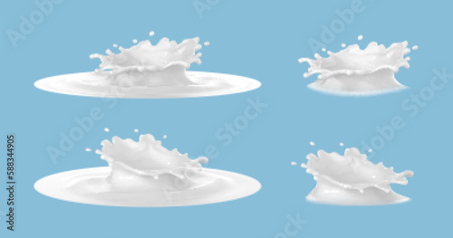 Milk crown splashes isolated on blue background. Vector realistic set of milk splashes...