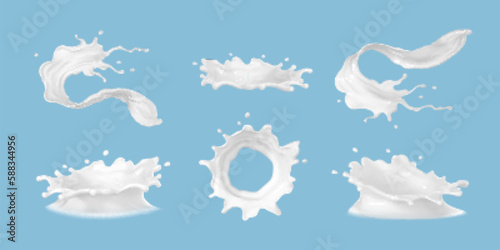 Realistic milk splashes with drops and splatters. Liquid swirls and drips in shape of crown. Liquid flow streams set. Milky or dairy fresh product. Vector realistic.