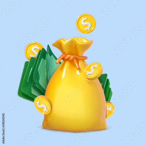 Money bag with dollar bills and coins isolated on blue background. Online payment. Business and finance concept. Vector 3d illustration