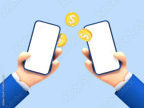 3D cartoon hands holding mobile phones with coins. Money transfer on smartphones. Online payment concept. Mobile wallet. Cashback and banking. Vector 3d illustration.