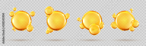 Set of golden drops of Omega three, six and nine. Polyunsaturated fatty acids Omega-3, Omega-6, Omega-9. Natural fish oil, organic vitamin, nutrients. Omega fatty acids. Vector realistic capsules