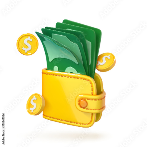 3D cartoon wallet with dollar banknotes and coins. Cash in purse. Money saving concept. Business financial investment. Online payment and cashback. Vector 3d illustration