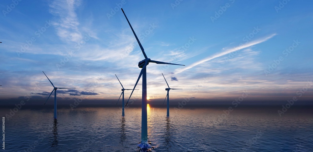 8K ULTRA HD. Offshore wind turbines farm on the ocean. Sustainable energy production, clean power. Close-up wind turbine. 3D illustration