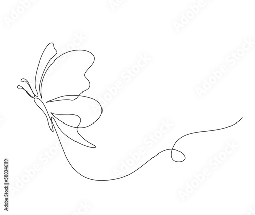 Continuous one line drawing of butterfly. Simple flying butterfly line art vector illustration. Editable stroke.