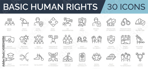 Set of 30 line icons related to human rights. Outline icon collection. Editable stroke. Vector illustration.