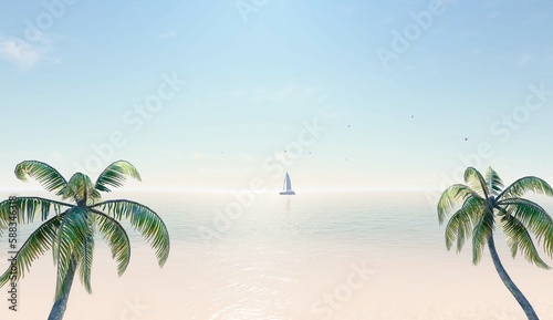 Fototapeta Naklejka Na Ścianę i Meble -  Sailboat sunset fantasy with a silhouetted boat sailing along its journey against a vivid colorful sunset with birds flying in formation against an orange and yellow color filled sky. 3d rendering.