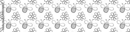 Vector seamless pattern of contoured fat little bees and flowers in doodle style. Cute cartoon honey insects on glade. Background and texture on theme of nature, spring, summer, children print