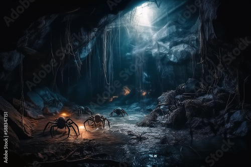 big scary monster spiders in spider web in cave at night. Arachnophobia and nightmares. Generative AI illustration