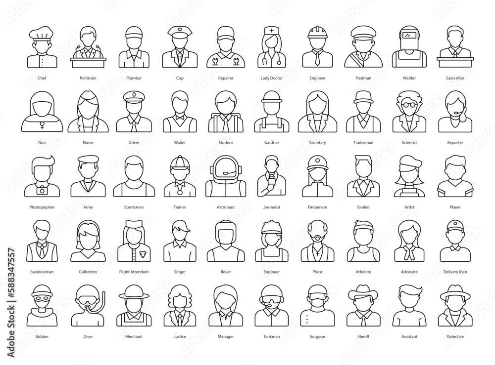 Professions Thin Line Icons Work Jobs Iconset in Outline Style 50 Vector Icons in Black