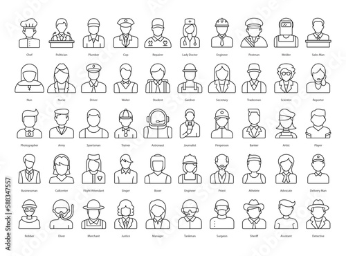 Professions Thin Line Icons Work Jobs Iconset in Outline Style 50 Vector Icons in Black