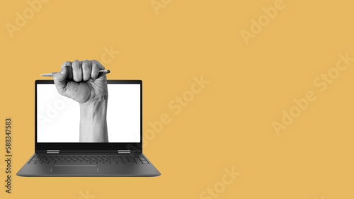 Art collage, hand from a notebook with a pen, journalist writing an article on a yellow background with room for advertising or text.