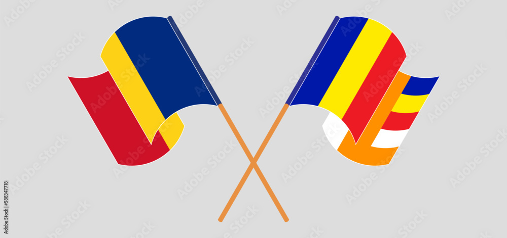 Crossed and waving flags of Romania and Buddhism