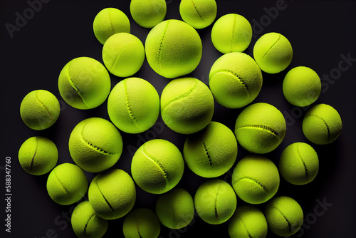 Panoramic view of bright new tennis balls background. Generative Ai © hassanmim2021