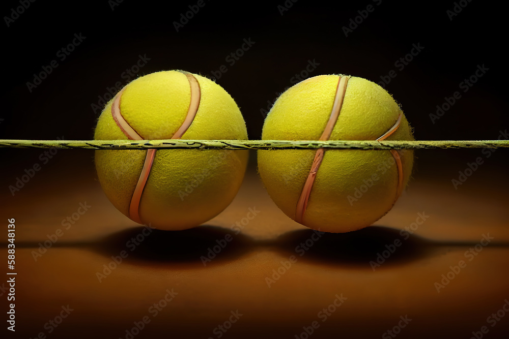 3d rendering of two tennis racquets of different colors with balls over them. Generative Ai