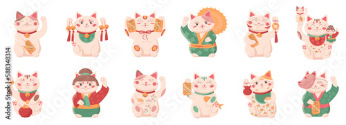 Japanese lucky cats set vector illustration. Cartoon cute Maneki Neko characters from Japan collection, Asian kawaii kitty waving paw, holding toy symbols of fortune, wellbeing and prosperity