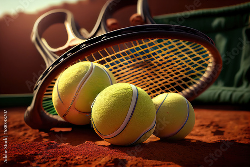Rackets and basket with tennis balls on clay court. Generative Ai