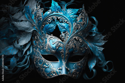 Carnival, Venetian Mask on a dark background. Masquerade Disguise Party. Blue and gold colors. High quality generative ai © MVProductions
