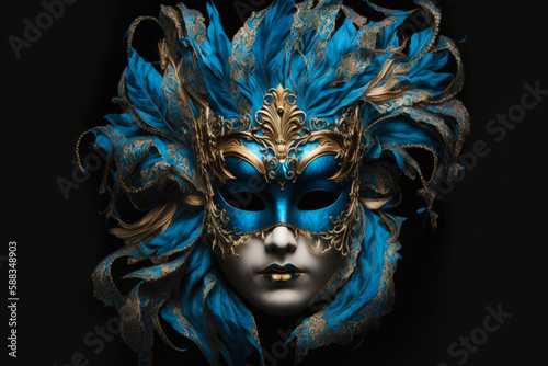 Carnival, Venetian Mask on a dark background. Masquerade Disguise Party. Blue and gold colors. High quality generative ai