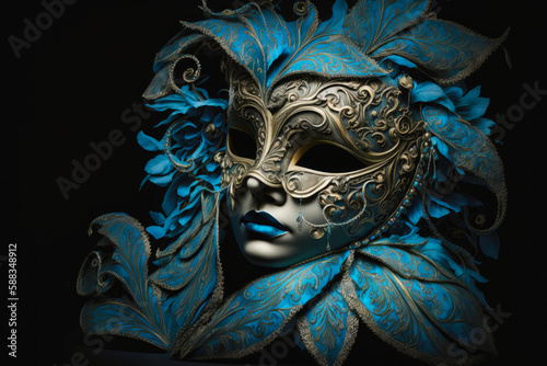 Carnival, Venetian Mask on a dark background. Masquerade Disguise Party. Blue and gold colors. High quality generative ai