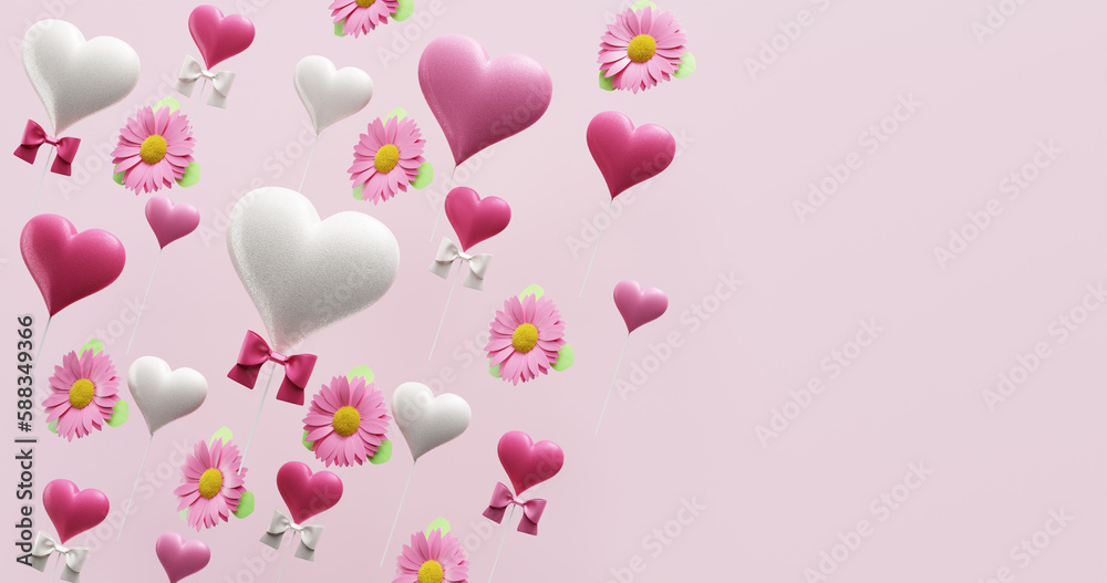 Mother's day celebration, valentine's wedding birthday. Banner with flying hearts and flowers. 3D rendering