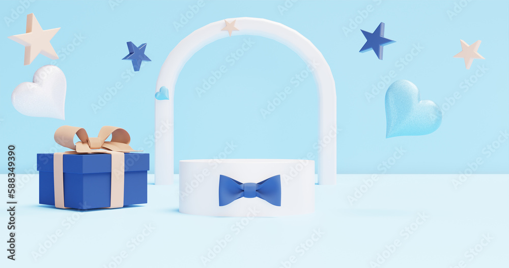 Product advertisement for Father's Day. Showcase podium with bow tie, gift box. 3D rendering
