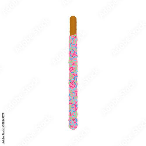 Chocolate chip cookie stick dipped in sprinkles. Decorated popping candy for Pepero day in Korea. Frosted crunchy biscuit dessert. Vector illustration