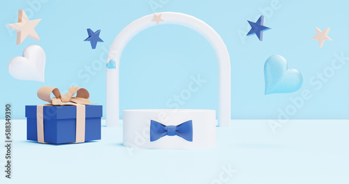 Product advertisement for Father's Day. Showcase podium with bow tie, gift box. 3D rendering