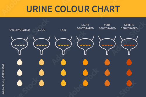 Urine color chart diagram. Bladders with urine drops showing different hydration level. Straw yellow to brown pee specimen. Medical concept. Vector illustration.