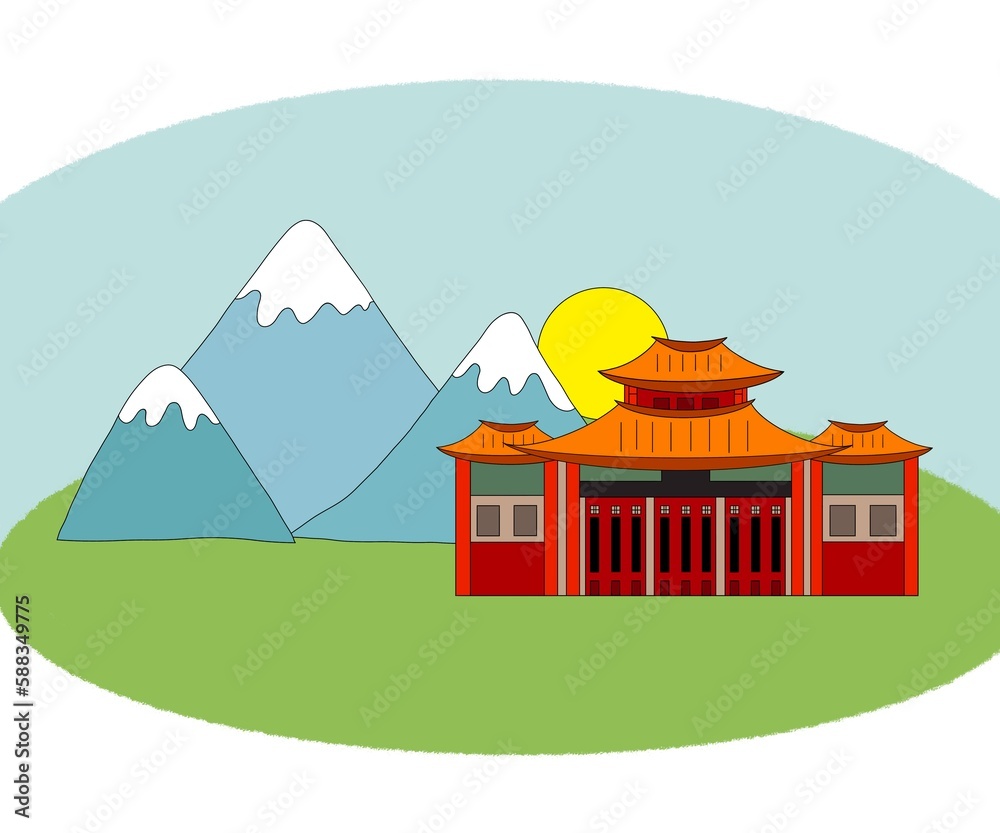 illustration. Traditional Chinese red building, beautiful Asian pagoda, landscape with mountains in a green meadow. chinese culture concept