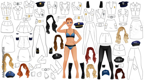 Police Uniform Coloring Page Paper Doll with Female Figure, Clothes, Hairstyles and Accessories. Vector Illustration