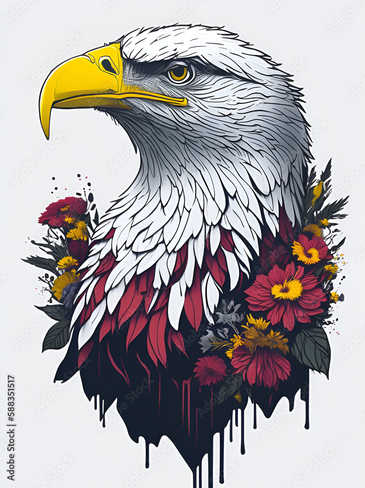 Fototapeta premium Bald Eagle in flowers. AI generated illustration