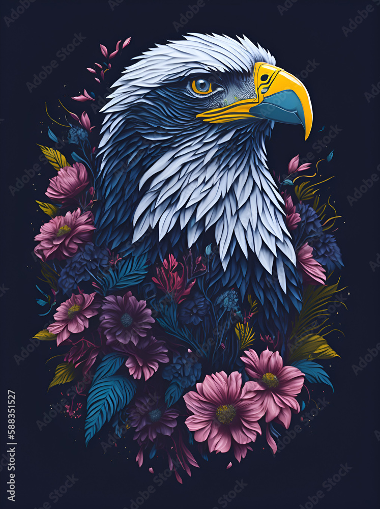 Obraz premium Bald Eagle in flowers. AI generated illustration