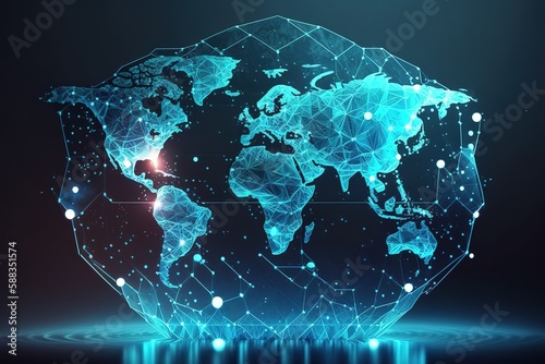 World map blue background, hologram, Generative AI