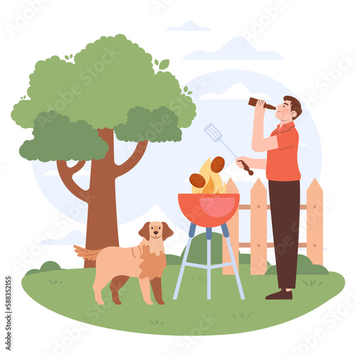 BBQ party. Character grilling meat and vegetables outside. Summer