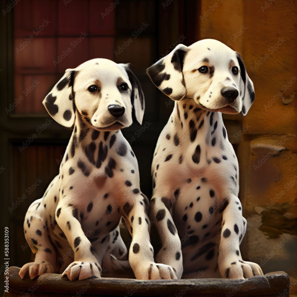 two dolmatian puppies. Generative AI.