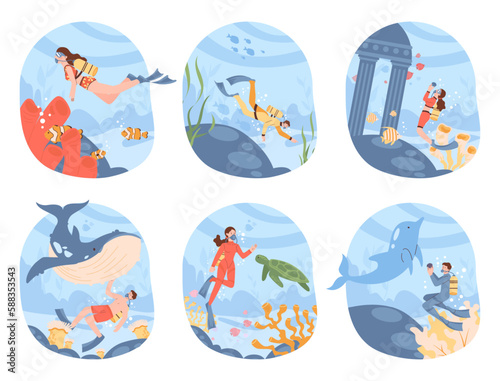 Scuba diving set. Character in diving mask swimming in sea or ocean,