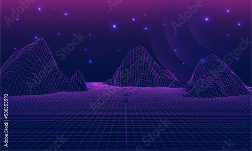Digital metaverse landscape vector illustrations with mountains, blue sky, stars and waves in background. Concept of futuristic world.