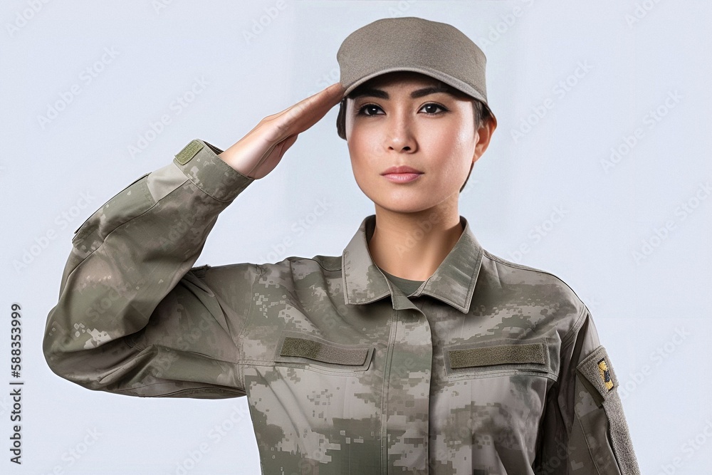 A fictional people. Asian female soldier saluting on white background. Generative AI A fictional people. Asian female soldier saluting on white background. Generative AI