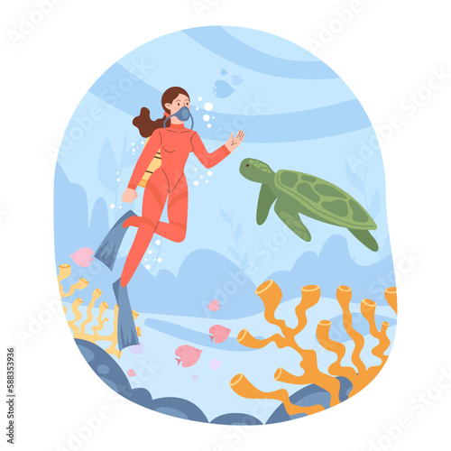 Scuba diving. Character in diving mask swimming in sea or ocean,